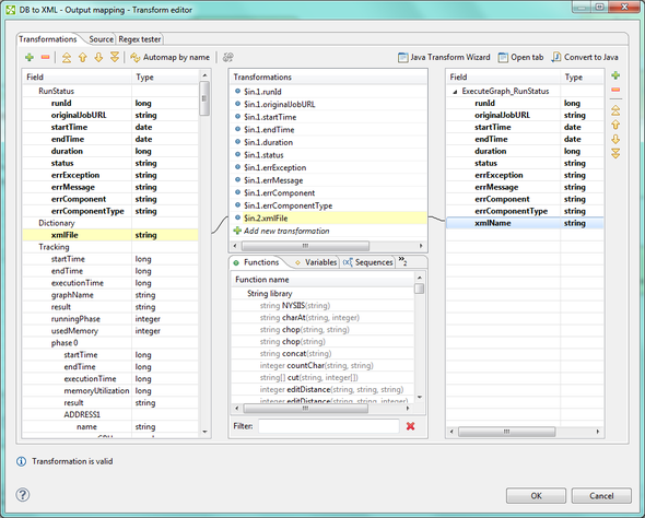 Output mapping transformation editor jobflows